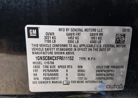 2015 Chevrolet Tahoe Lt z USA, uszkodzony, nr VIN 1GNSCBKCXFR611152